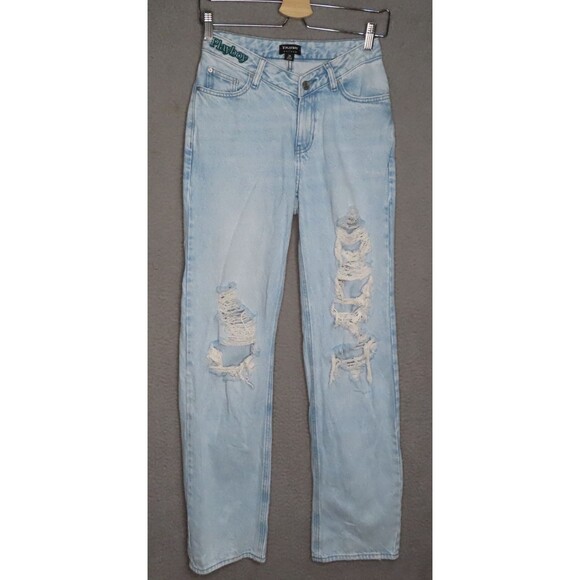 Playboy Pacsun Jeans Womens 26 Blue Denim Bunny Mid Rise Straight Leg Ripped - Picture 1 of 12